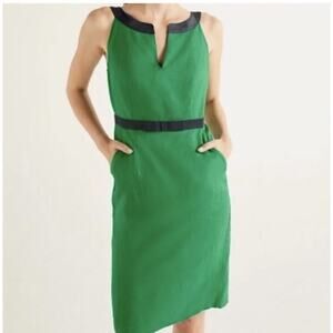 Boden Linen Sheath Dress Womens Size 6R‎ Green And Navy midi Bow